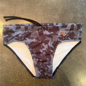 ROKA Men’s Swim brief — Black/Gray camo with orange accent. Rare